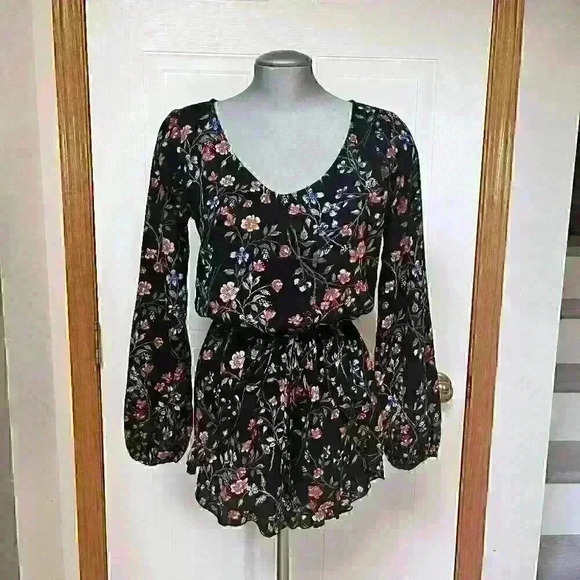 Abercrombie & Fitch Romper Floral Long Sleeve  Cinch Waist Black - Picture 11 of 12
